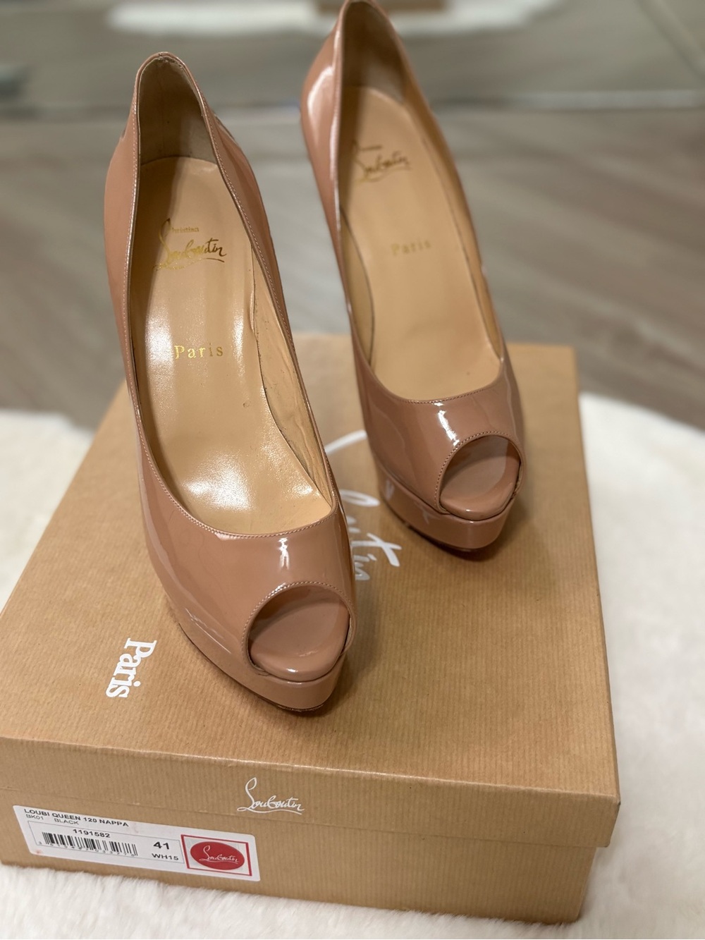 Christian Louboutin Patent Peep-Toe Pumps in Nude